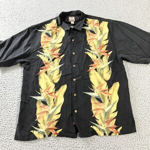 Tommy Bahama Shirt Mens XL Black Silk Hawaiian Floral Camp Button Up Loop Collar